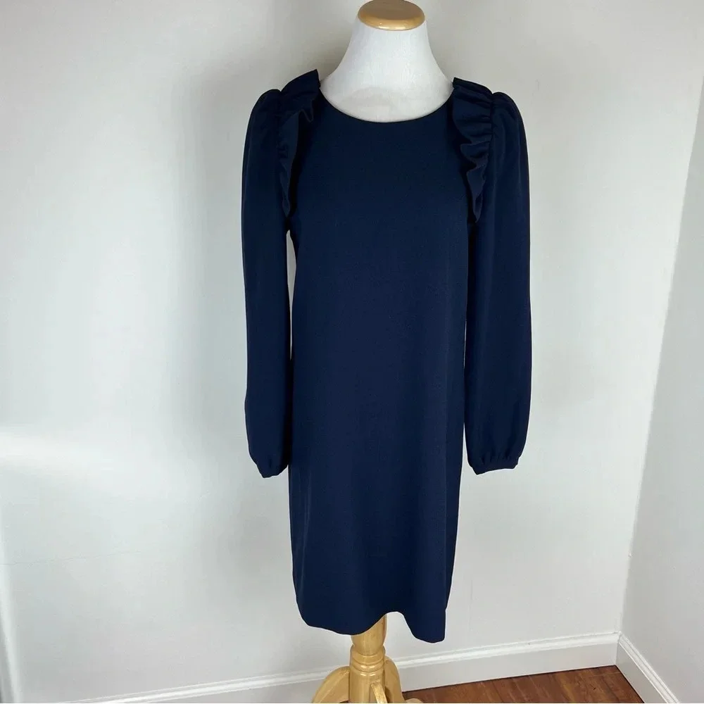 Eliza J Ruffle Shoulder Navy Blue Shift Dress Long Sleeve Size 8 - Picture 2 of 8
